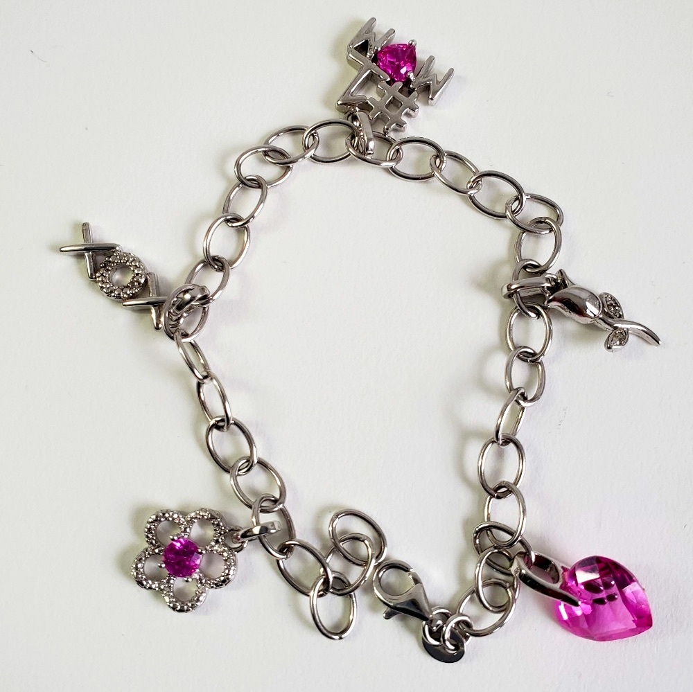 Love & Strength: Sterling Silver 925 Pink Sapphire #1 Mom Charm Bracelet
